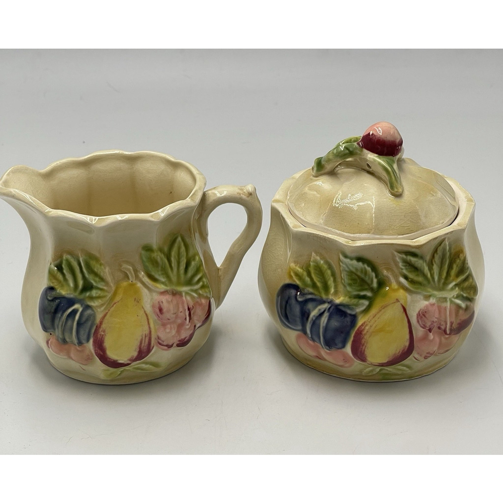 Royal Sealy VTG Cream & Lidded Sugar Container Server Japan Marked 25/7 Fruit